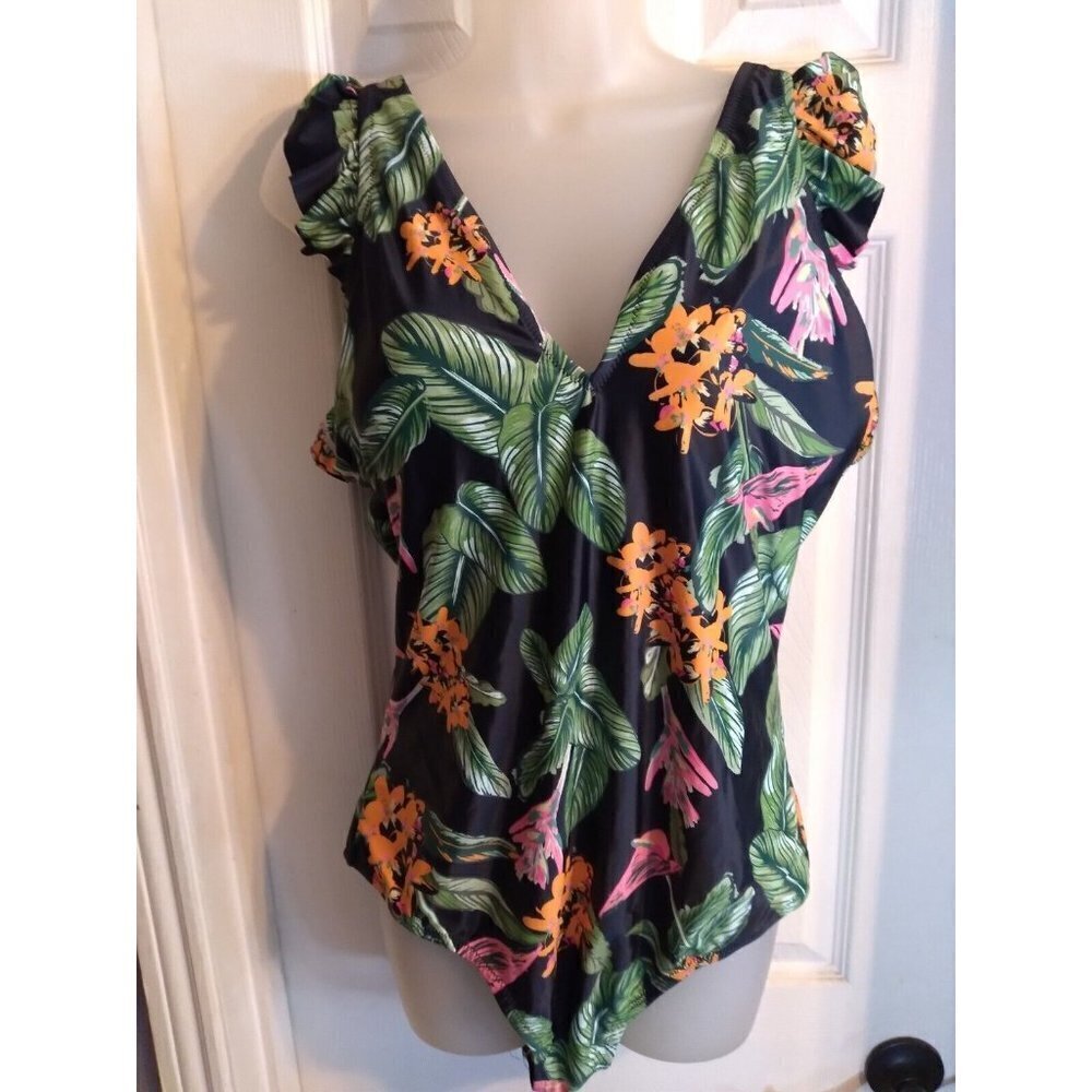 Jessica Simpson Swimsuit 1 Pc Tropical Print Open Back Ruffled Sleeves Sz XL ...